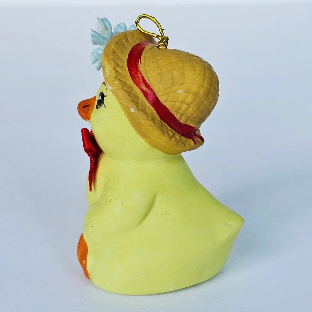 Vintage Yellow Duck Bell Straw Hat Flower Figurine Decor Kitsch Shabby Chic